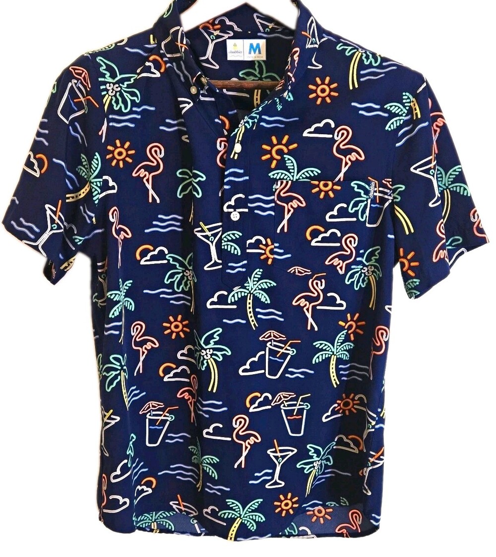 Chubbies Men's M Hawaiian Camp Shirt Navy Flamingo Palm Tree Tropical Stretch